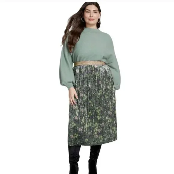 ModCloth Floral Pleated Green Velvet Skirt 1X Gold Waistband Retro Fairycore - Picture 16 of 16